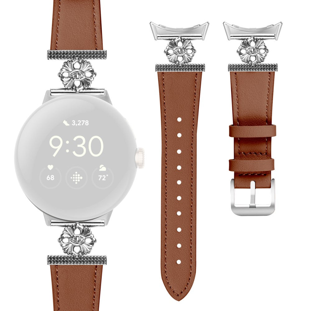 Google Pixel Watch Genuine Cow Leather Band Flower Decor Adjustable Strap - Brown#serie_4