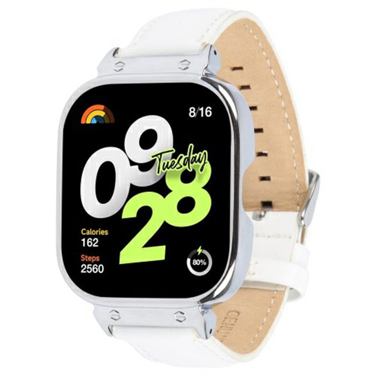 Xiaomi Redmi Watch 4 Genuine Cow Leather Replacement Strap with Silver Metal Watch Case - White#serie_2