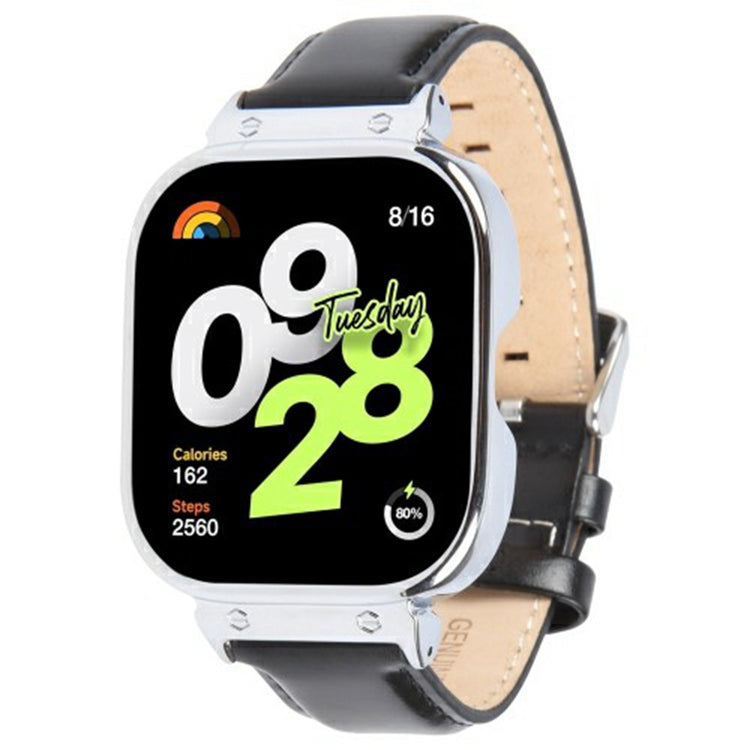Xiaomi Redmi Watch 4 Genuine Cow Leather Replacement Strap with Silver Metal Watch Case - Black#serie_3