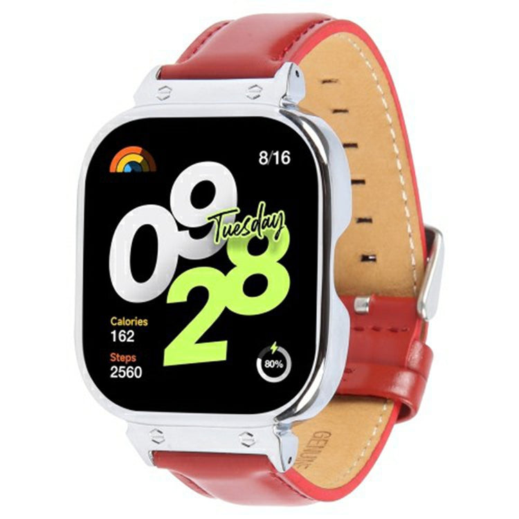 Xiaomi Redmi Watch 4 Genuine Cow Leather Replacement Strap with Silver Metal Watch Case - Red#serie_4