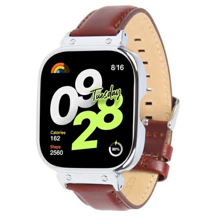 Xiaomi Redmi Watch 4 Genuine Cow Leather Replacement Strap with Silver Metal Watch Case - Wine Red#serie_5