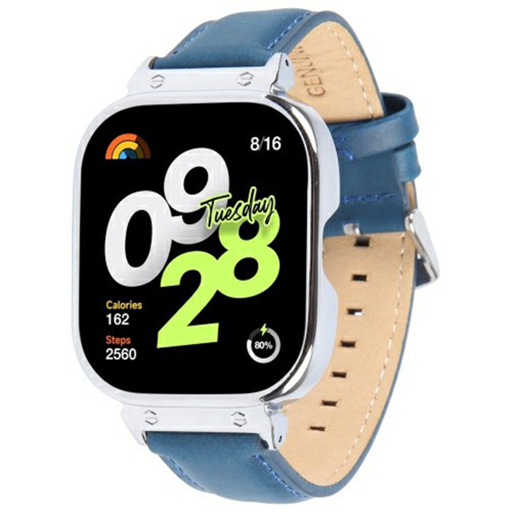 Xiaomi Redmi Watch 4 Genuine Cow Leather Replacement Strap with Silver Metal Watch Case - Blue#serie_6