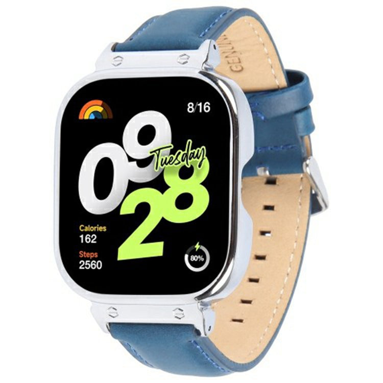 Xiaomi Redmi Watch 4 Genuine Cow Leather Replacement Strap with Silver Metal Watch Case - Blue#serie_6