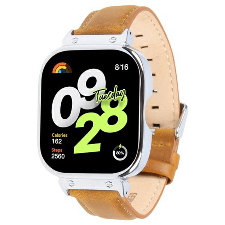 Xiaomi Redmi Watch 4 Genuine Cow Leather Replacement Strap with Silver Metal Watch Case - Light Brown#serie_7