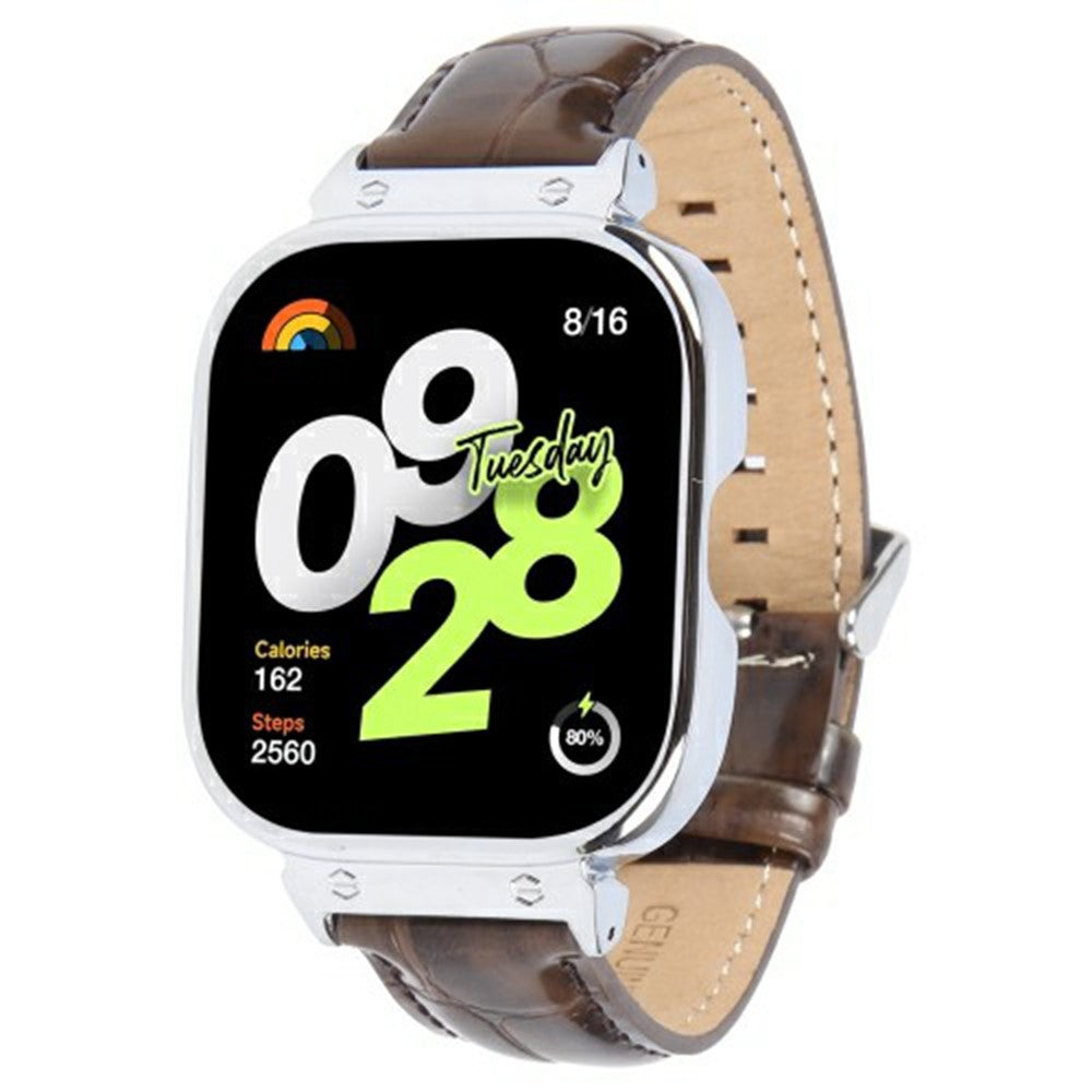 Xiaomi Redmi Watch 4 Genuine Cow Leather Replacement Strap with Silver Metal Watch Case - Bamboo Joint Brown#serie_8