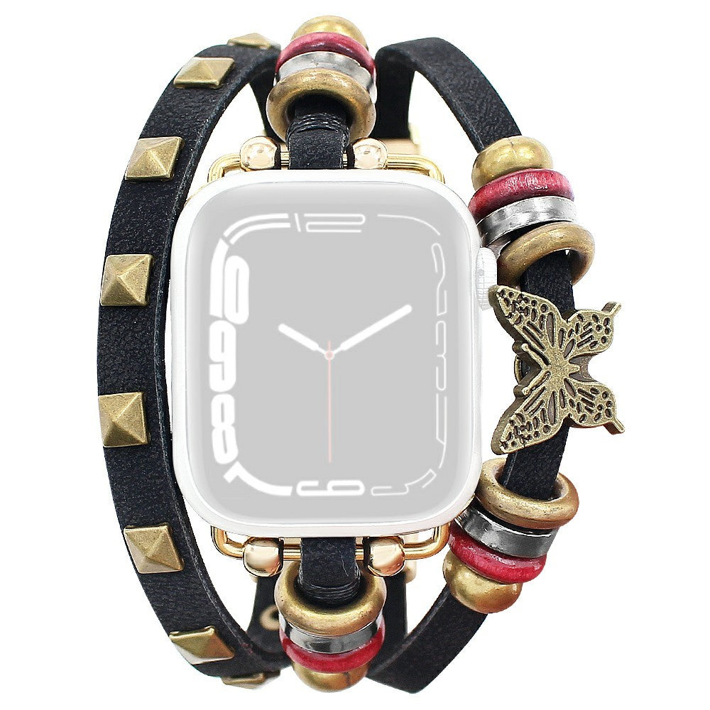 Leather Bracelet Strap Apple Watch Series 49mm - 45mm - 44mm - 42mm Rivet Decor Watch Band - Black#serie_1