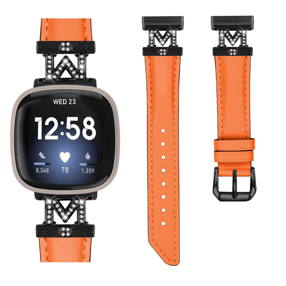 Godt Ægte Læder Og Rhinsten Universal Rem passer til Fitbit Smartwatch - Orange#serie_2