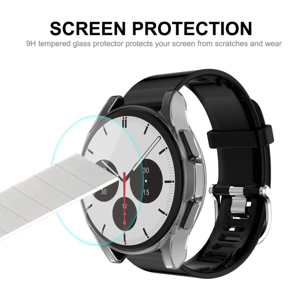 Alle Tiders Samsung Galaxy Watch 4 Classic (46mm) Cover med Skærmbeskytter i Silikone og Hærdet Glas - Gennemsigtig#serie_547