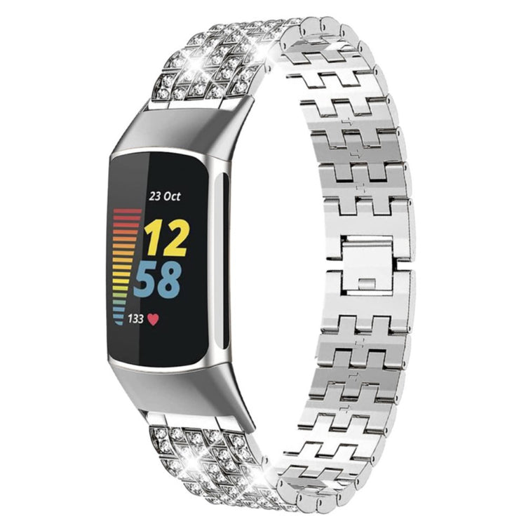 Fed Fitbit Charge 4 / Fitbit Charge 3 Metal og Rhinsten Rem - Sølv#serie_4