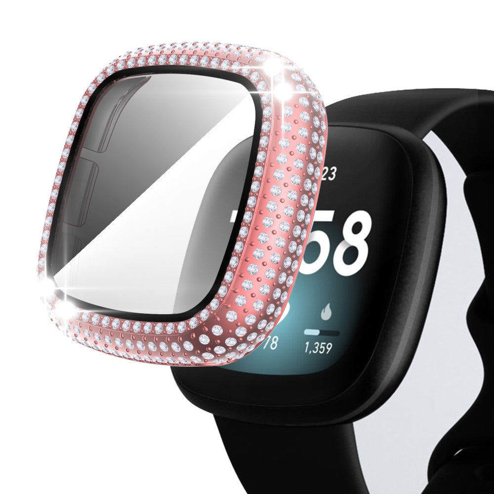 Super Fed Fitbit Versa 3 Cover med Skærmbeskytter i Plastik og Rhinsten - Pink#serie_1