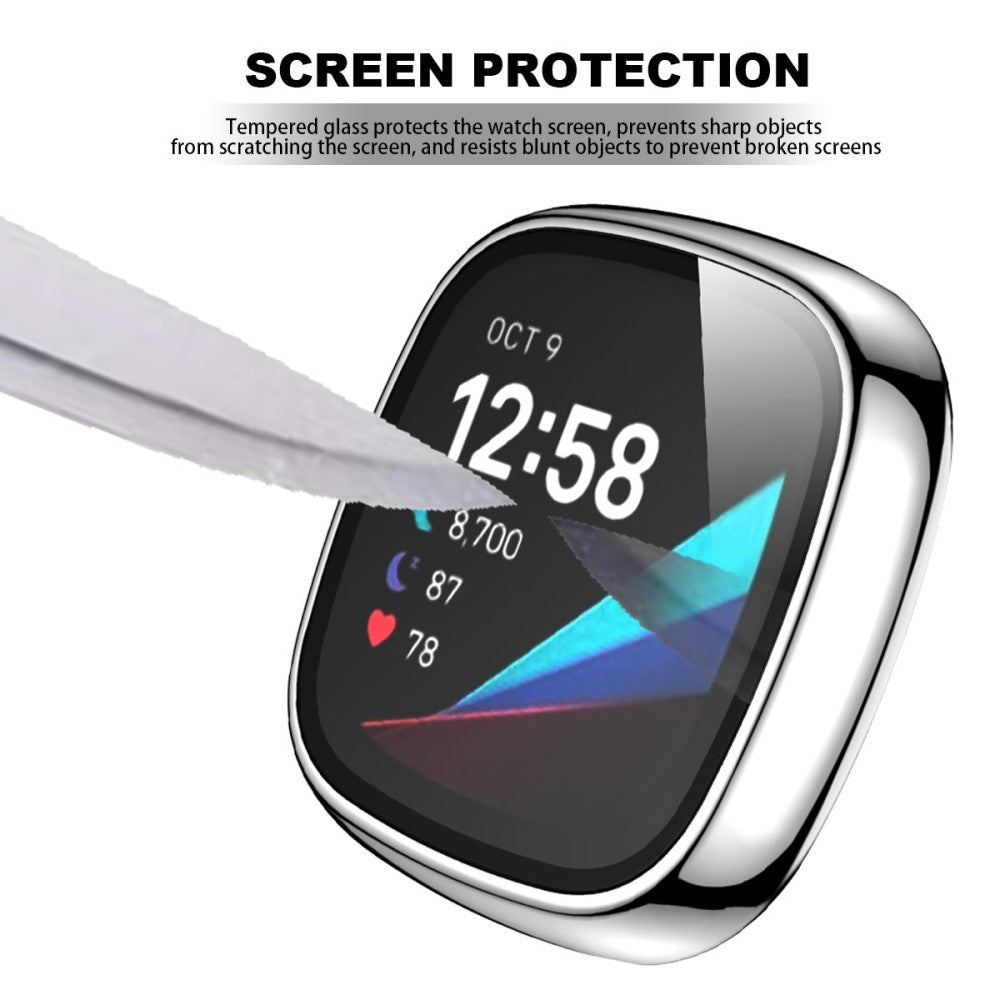 Vildt Godt Fitbit Versa 3 Cover med Skærmbeskytter i Plastik og Hærdet Glas - Sølv#serie_10