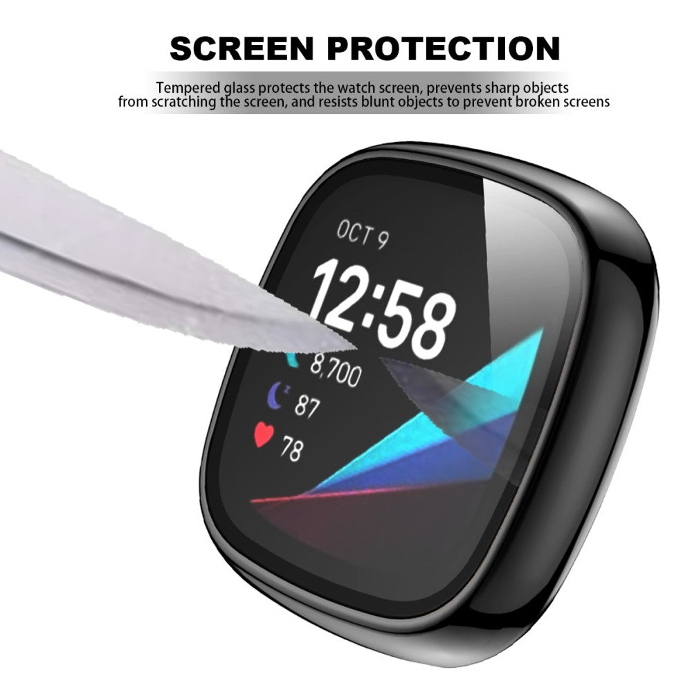 Vildt Godt Fitbit Versa 3 Cover med Skærmbeskytter i Plastik og Hærdet Glas - Sort#serie_2