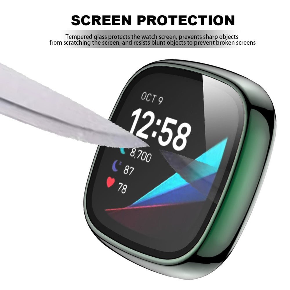 Vildt Godt Fitbit Versa 3 Cover med Skærmbeskytter i Plastik og Hærdet Glas - Grøn#serie_7