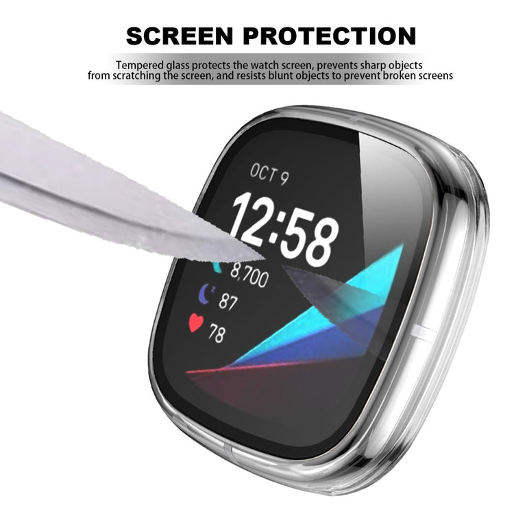 Vildt Godt Fitbit Versa 3 Cover med Skærmbeskytter i Plastik og Hærdet Glas - Gennemsigtig#serie_9