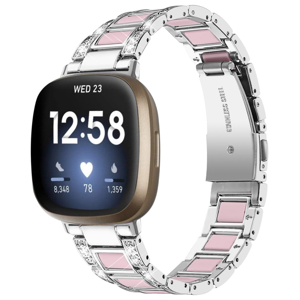 Skøn Fitbit Versa 3 Metal og Rhinsten Rem - Sølv#serie_3