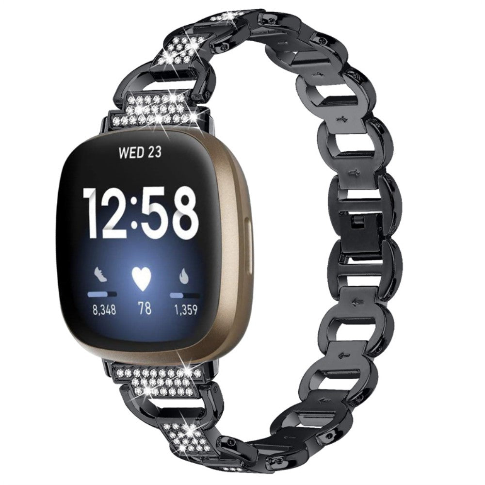 Solid Fitbit Versa 4 / Fitbit Versa 3 Metal og Rhinsten Rem - Sort#serie_1